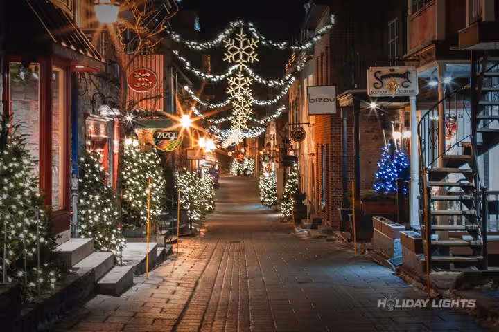 Downtown skyline Christmas decoration creating magical holiday atmosphere in Boston MA