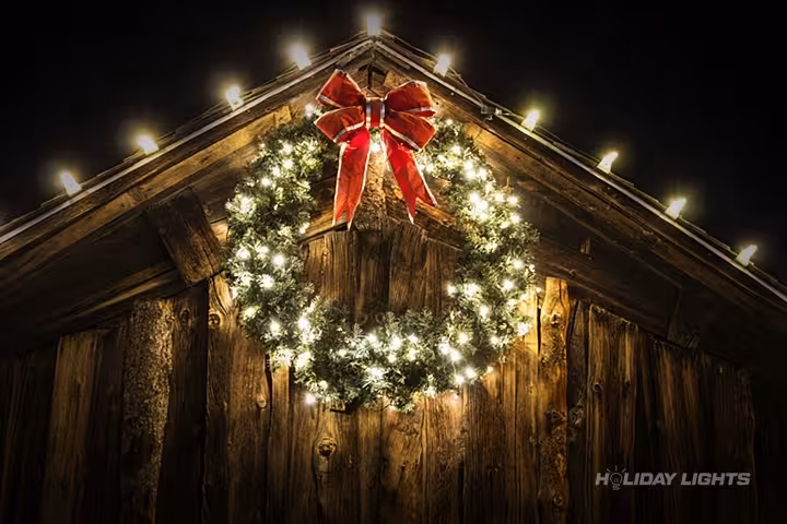 Barn Roofline Christmas Lights Wreath Warm White - Residential Christmas lights installation in New Jersey