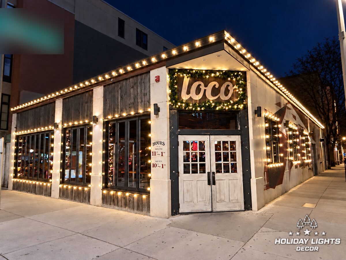 Corner restaurant at night with warm white lights outlining the roof, windows, and entrance