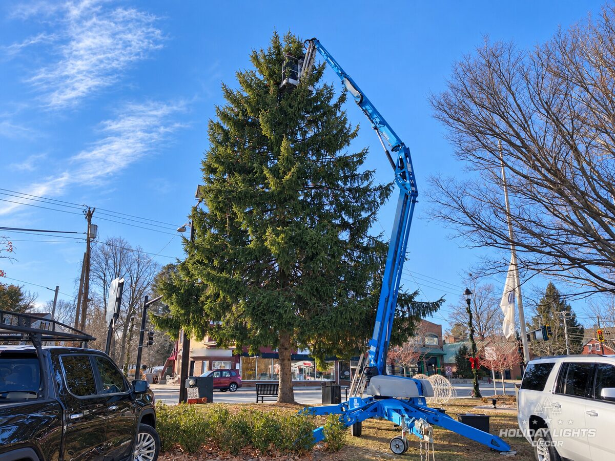 Daytime installation beside the tall evergreen using an extended boom lift.