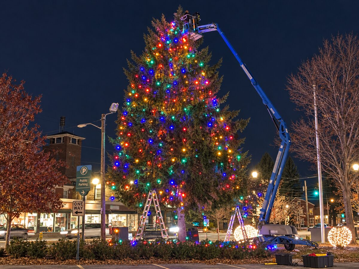 Boom lift and ladders beside the multicolor evergreen during nighttime installation.