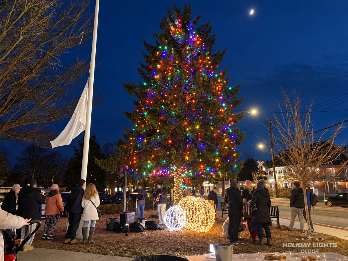 Multicolor municipal tree and glowing spheres during a nighttime public gathering.