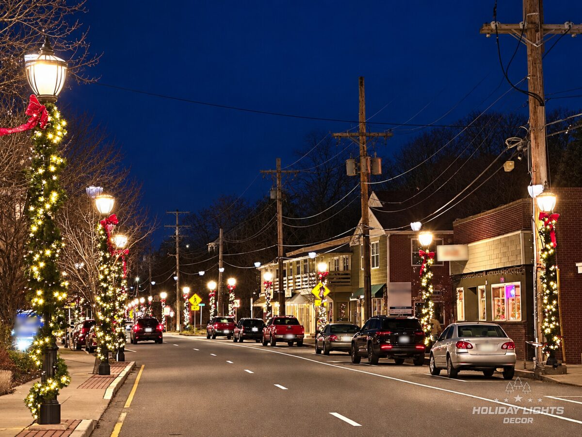 Warm-white garlands and red bows wrap municipal post lights along a nighttime streetscape.