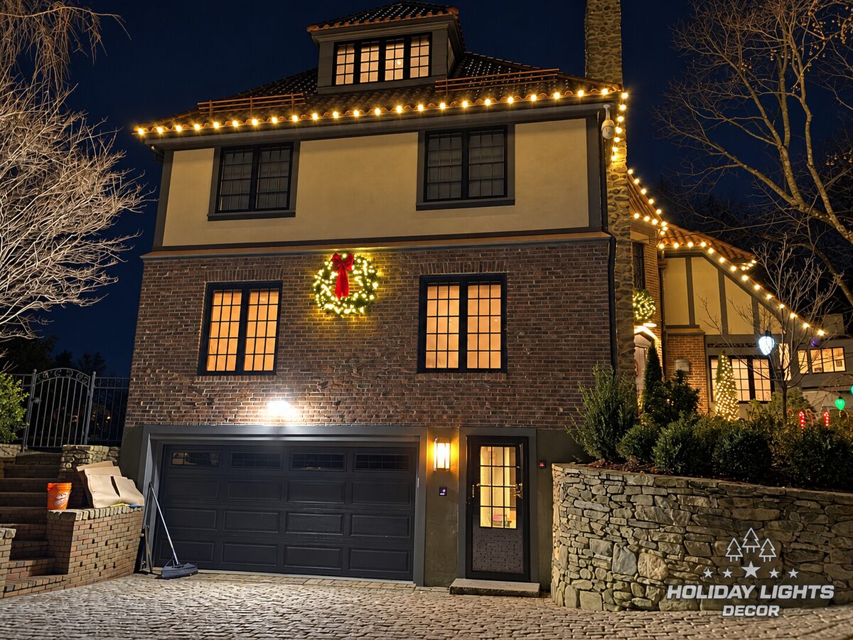 Side elevation with warm-white roofline lighting and an illuminated wreath above the garage.