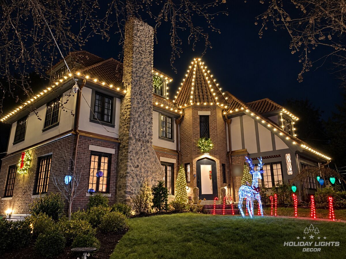 Front angle highlighting the turret, stone chimney, wreaths, reindeer, and candy cane pathway lights.
