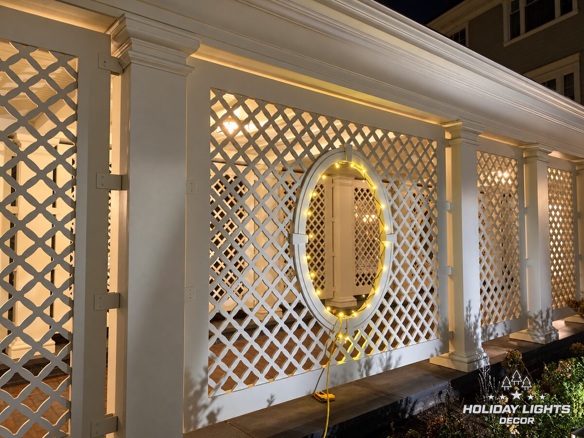 Illuminated oval accent installed against the exterior lattice.