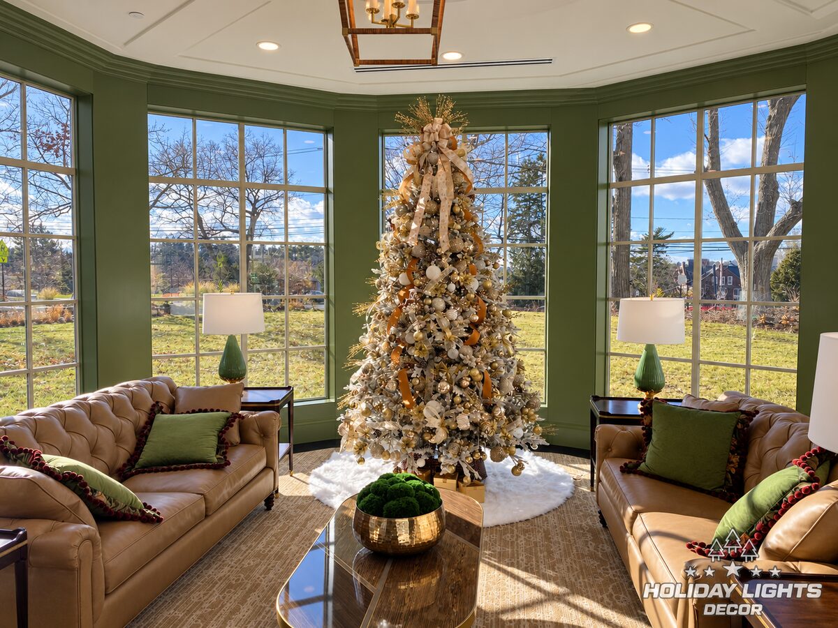 Completed interior tree with layered gold, champagne, green, and neutral decorations.