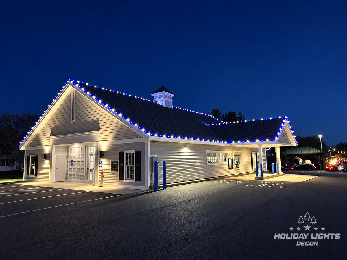 Night view emphasizing the blue-and-white roofline pattern.