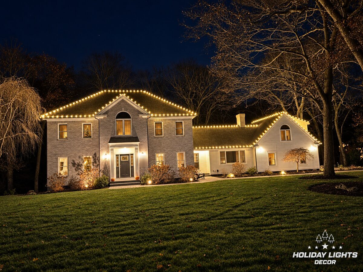 Wide nighttime view of a large residence with warm white lights outlining the main roof, front gable, connecting roofline, and attached wing.