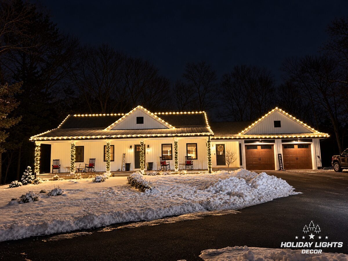 Warm white C9 lights along the roofline, porch eave and garage gable of a snowy ranch home in Foxborough, MA at night