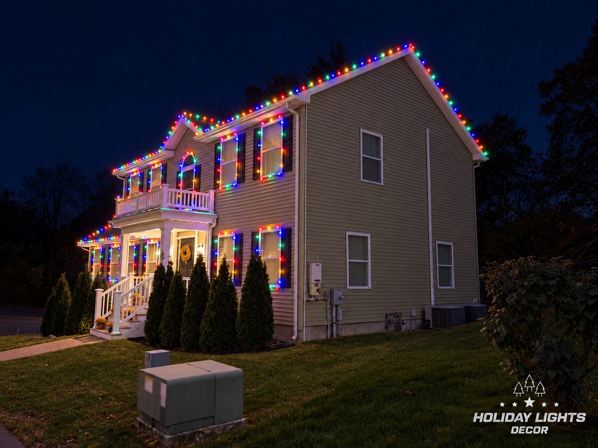 Side angle of multicolor lights on the roofline, balcony and porch of a two-story colonial in Lynn, MA