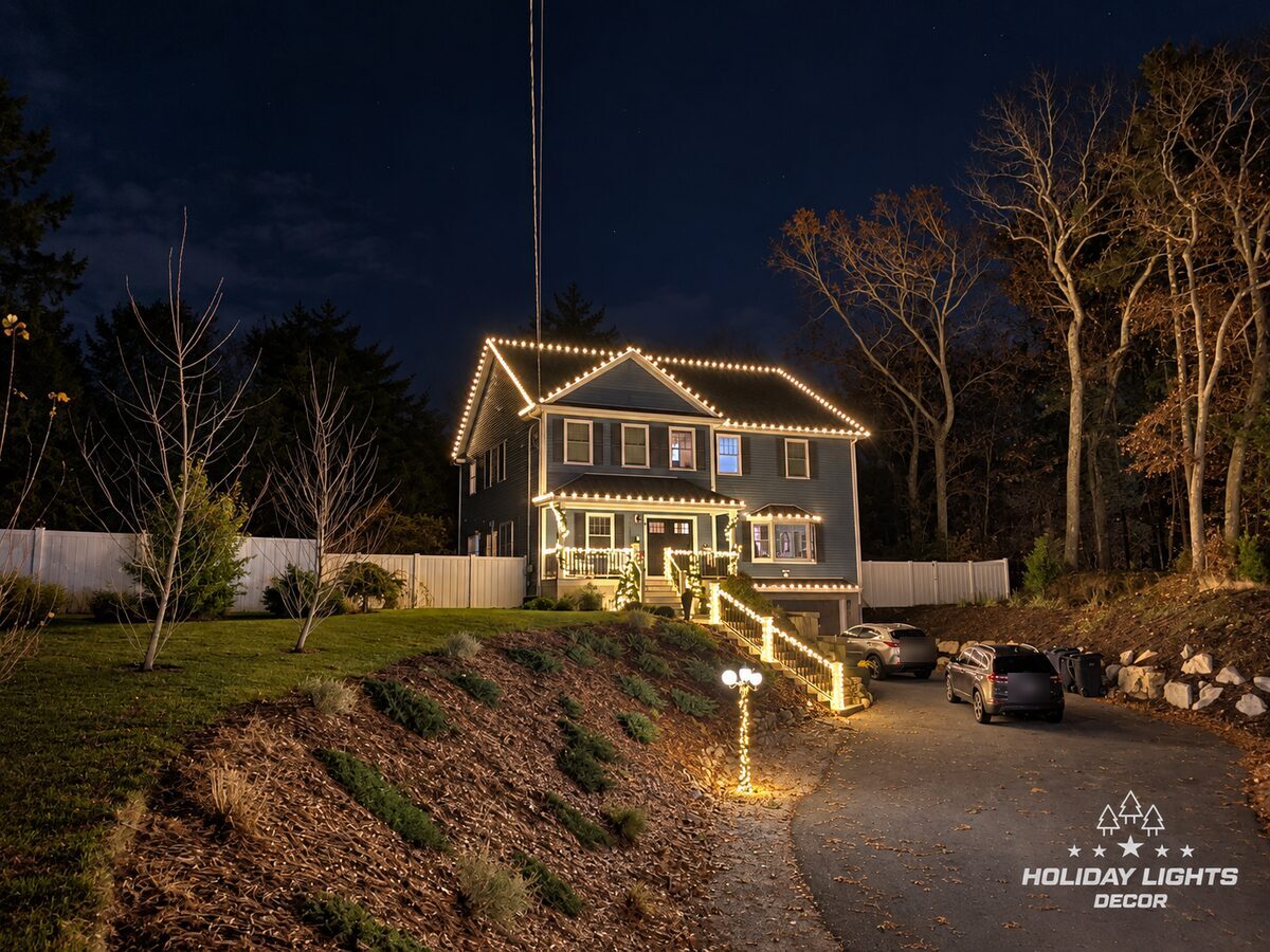 Blue colonial on a hillside in Middleton, MA with warm-white roofline lights and lit porch and stair railings
