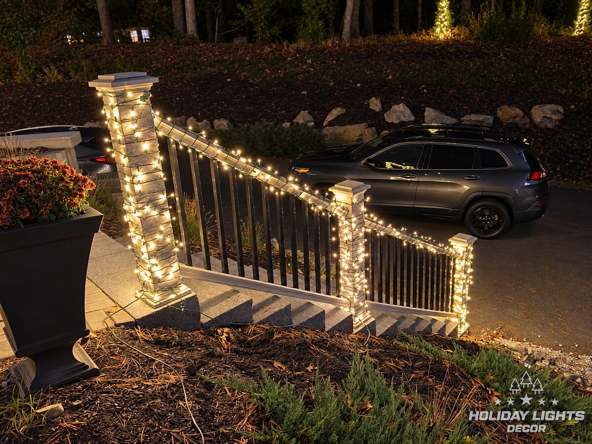 Stone-look stair pillars and railings wrapped in warm-white lights leading down to the driveway
