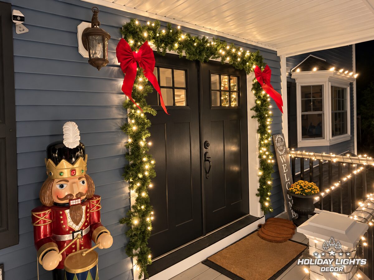 Double front door framed by lit garland with red bows on a Middleton porch