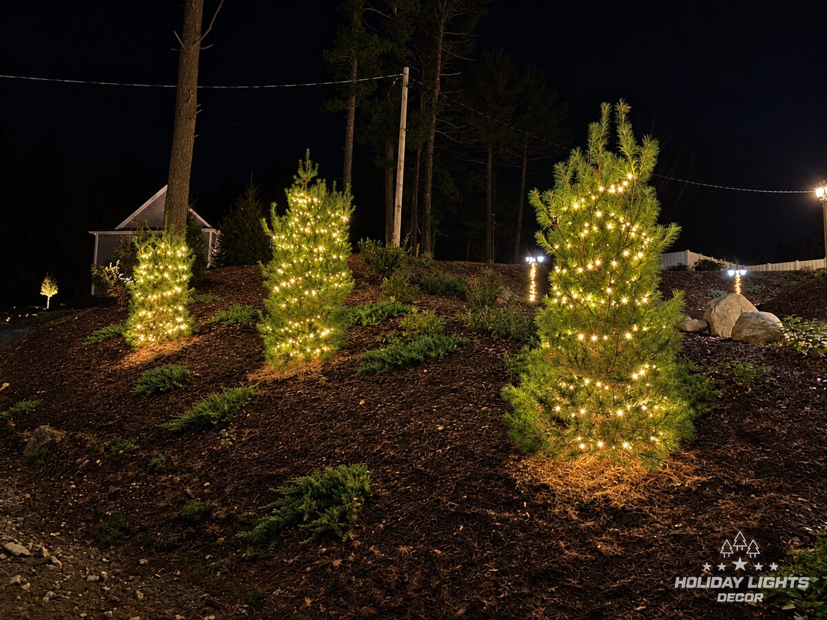 Three evergreens wrapped in warm-white mini lights on a sloped front yard in Middleton