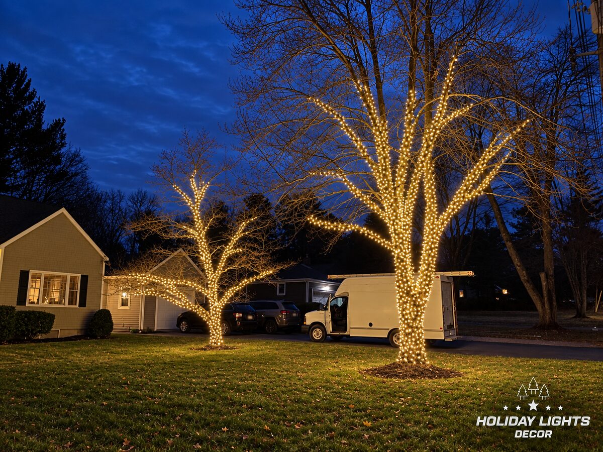 Two bare front-yard trees wrapped trunk to limbs in warm white mini lights in Lynnfield, MA at dusk