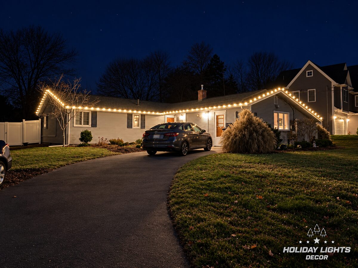 Front nighttime view of a ranch home with warm white C9 lights following the main eave and two projecting gables.