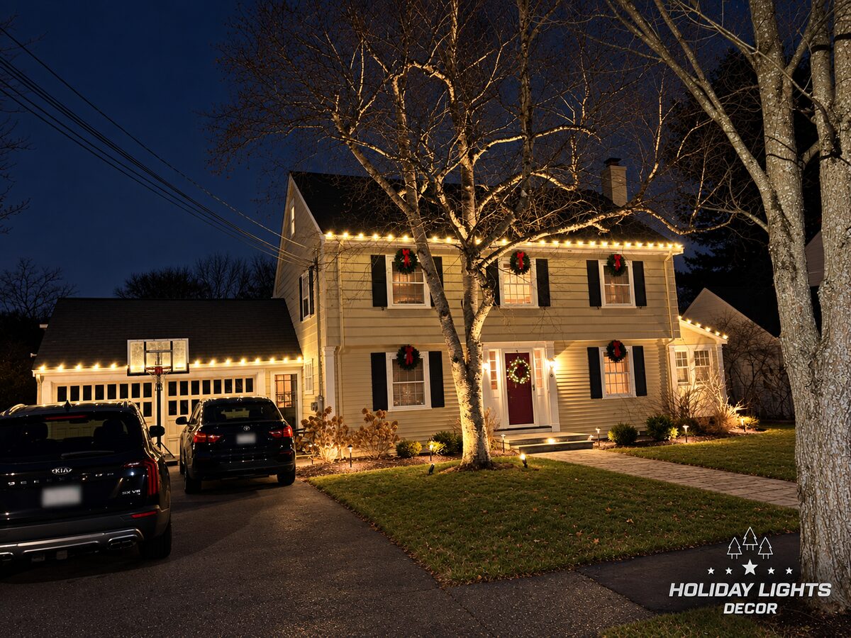 Wide nighttime view showing warm white lights along the main roofline and garage, with wreaths above the windows and front door.