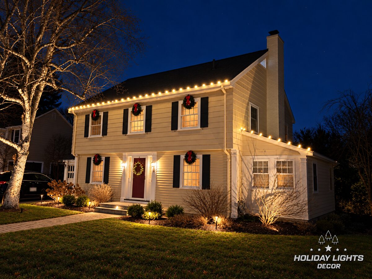 Angled night view of a Newton, MA colonial with warm white C9 eaves, window wreaths and a lit door wreath