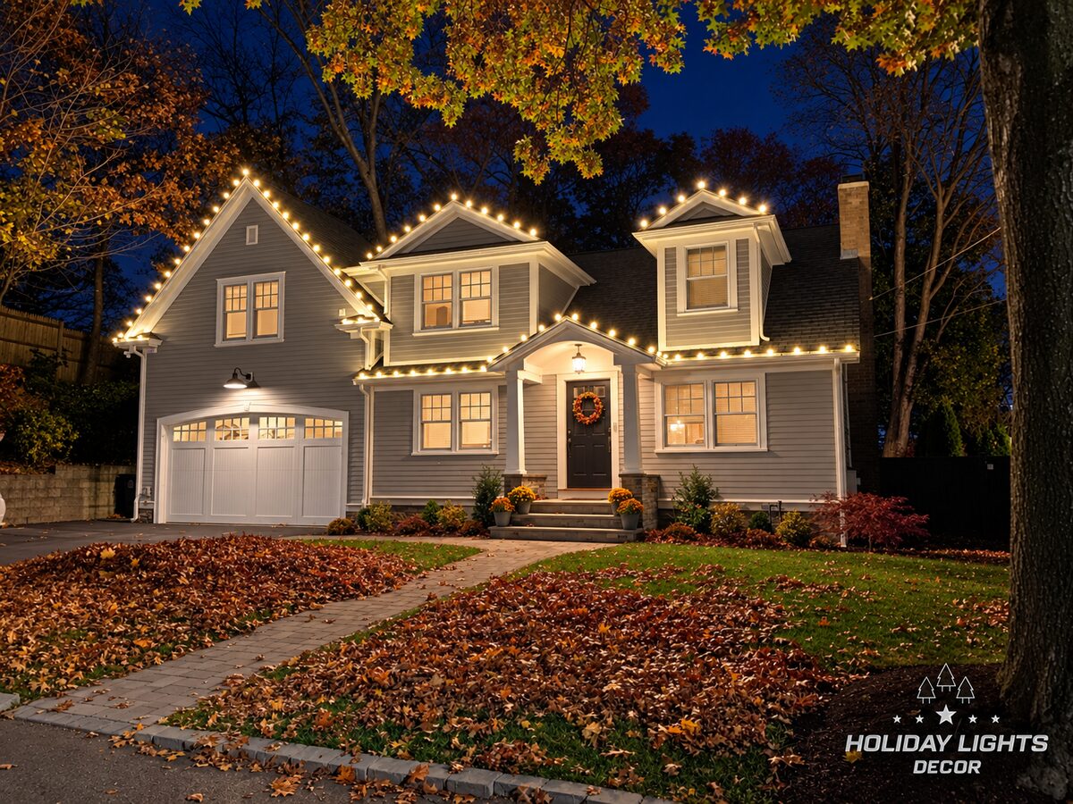 Front nighttime view of a two-story home with warm white C9 lights tracing the garage gable, upper gables, lower eaves, and entrance roof.