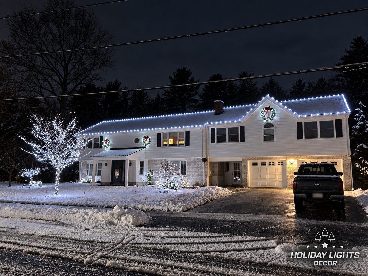 Wide snowy nighttime view of a large residence with cool white roofline lighting, a wrapped front-yard tree, and illuminated wreaths with red bows.
