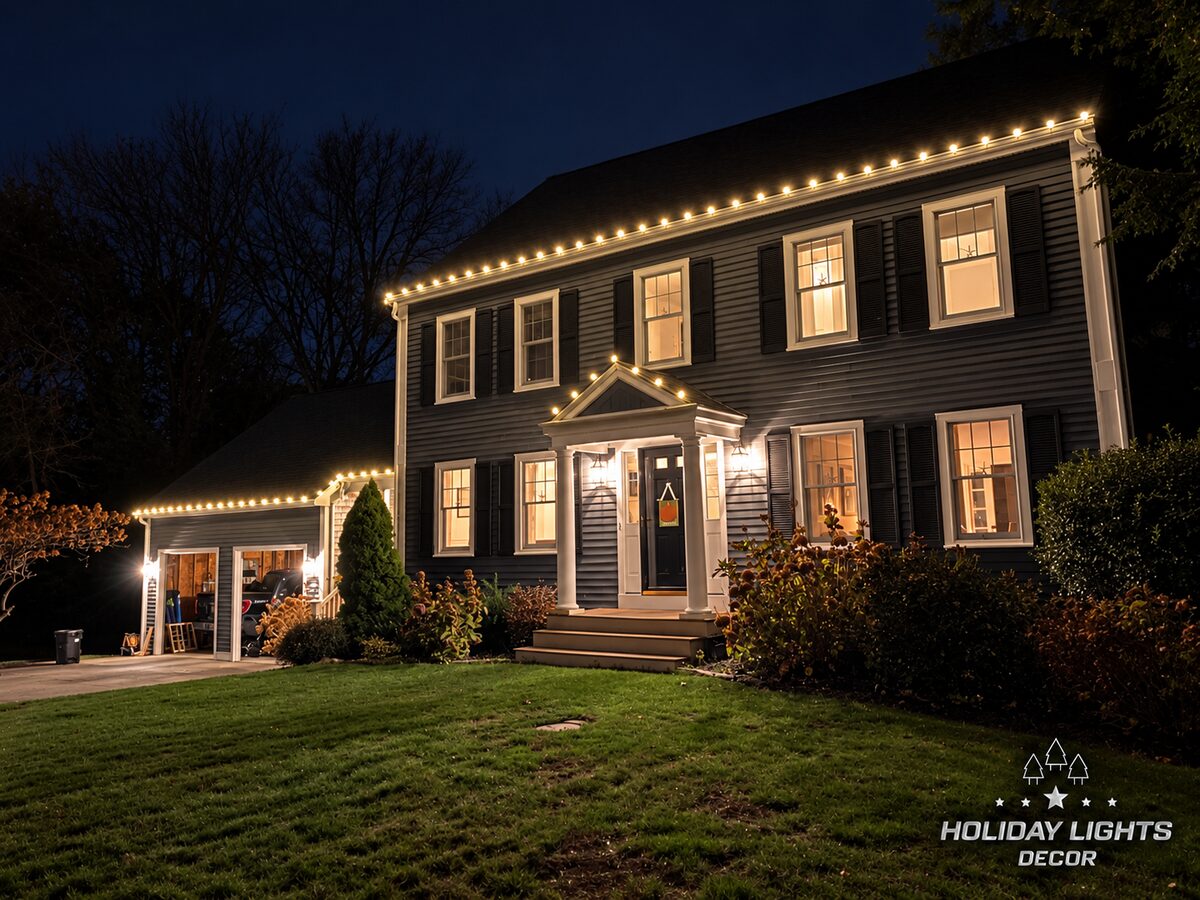 Front lawn view of warm white C9 lights on the long upper eave and entry portico gable of a Scituate, MA colonial