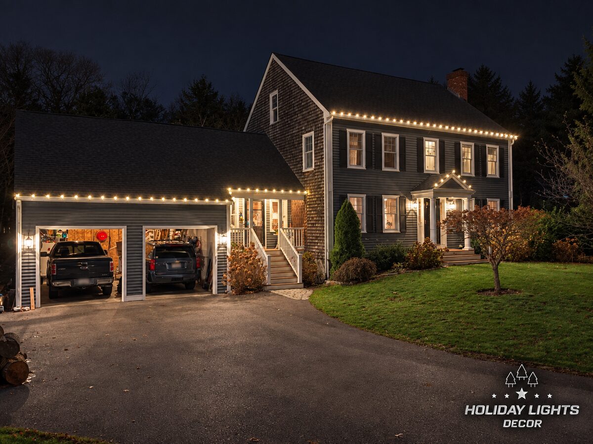 Wide nighttime driveway view showing warm white C9 lights along the main upper eave, garage roofline, and entrance gable.