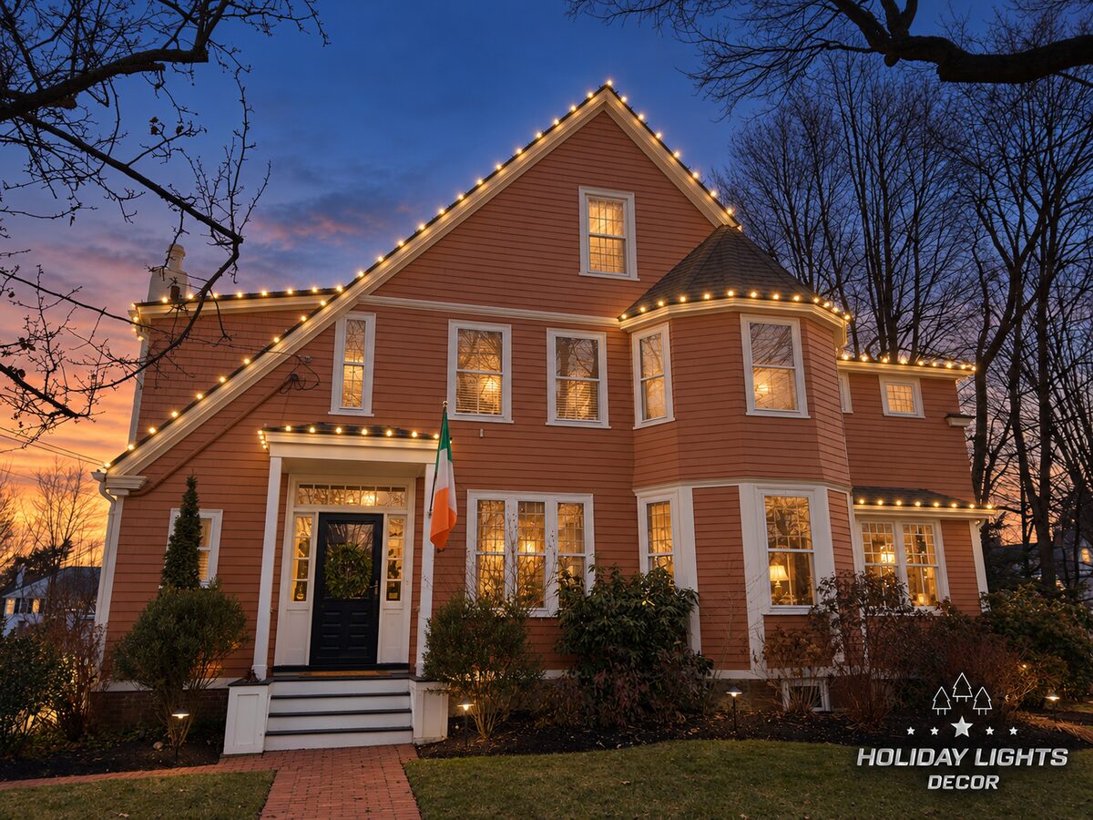 Full front elevation showing how the lighting follows multiple roof pitches, horizontal edges, and the rounded bay structure.
