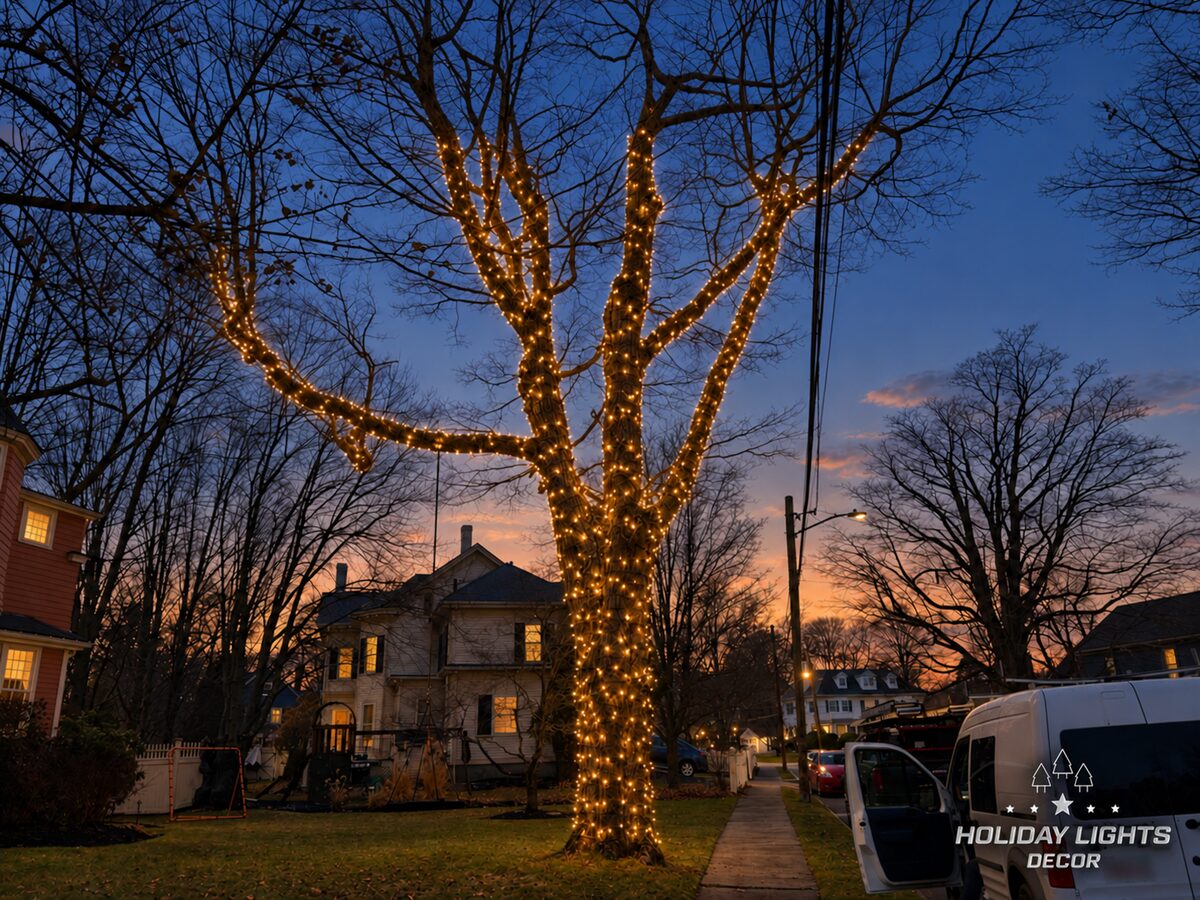 Front tree wrapped trunk to limbs in warm white mini lights beside the sidewalk of a Winchester, MA Victorian at dusk