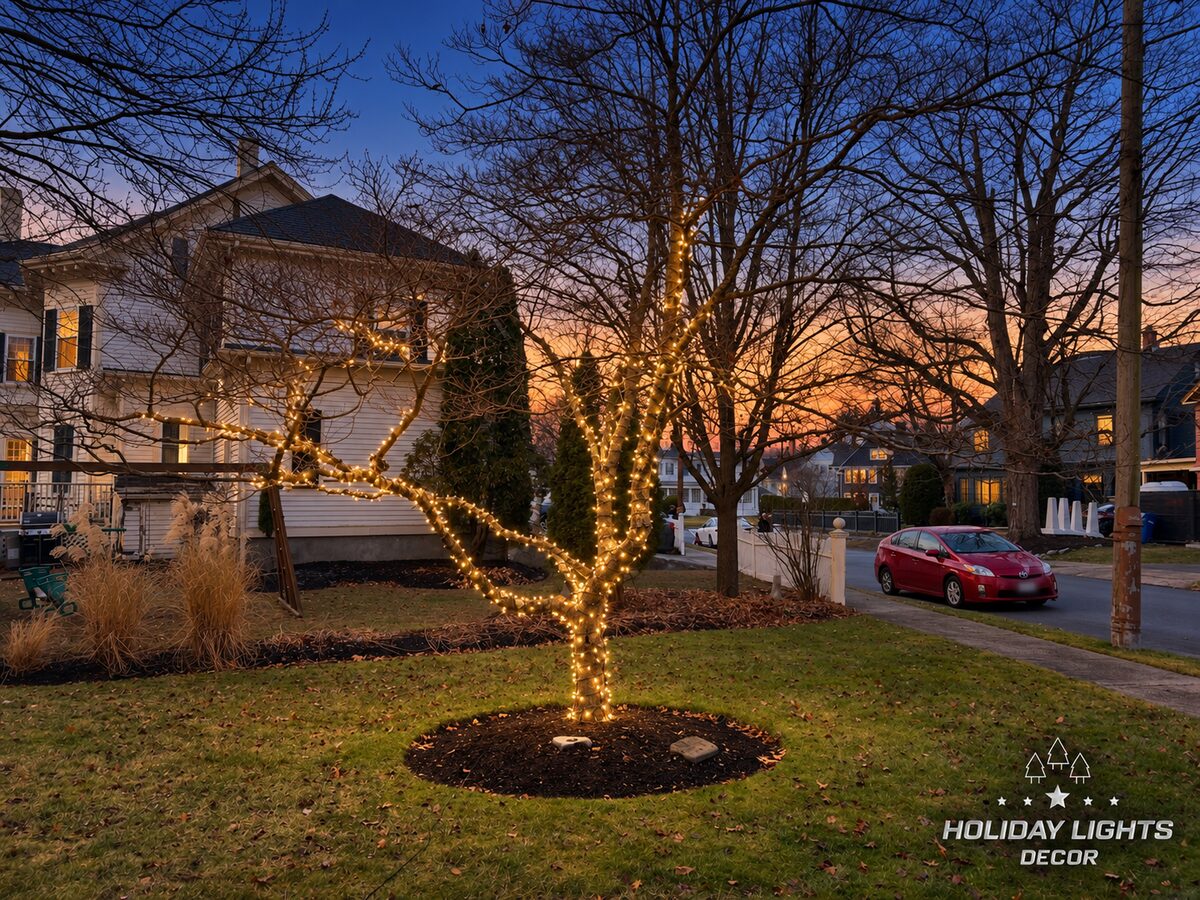 Lawn tree wrapped along its trunk and main limbs in warm white mini lights on a Winchester, MA corner lot at sunset
