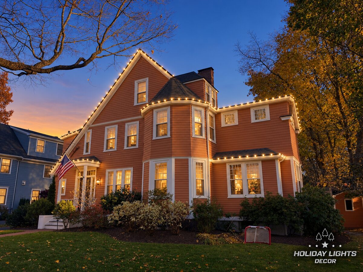 Angled dusk view of a Winchester, MA Victorian with warm white C9 lights on the gable, turret and side wing rooflines