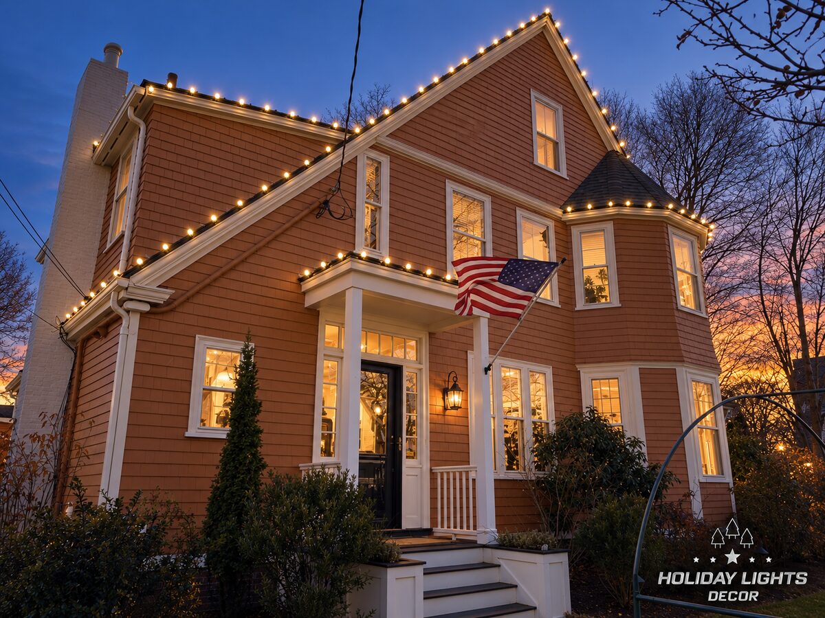 Close view of warm white C9 lights on the tall gable, entry canopy and turret eave of a Winchester, MA Victorian