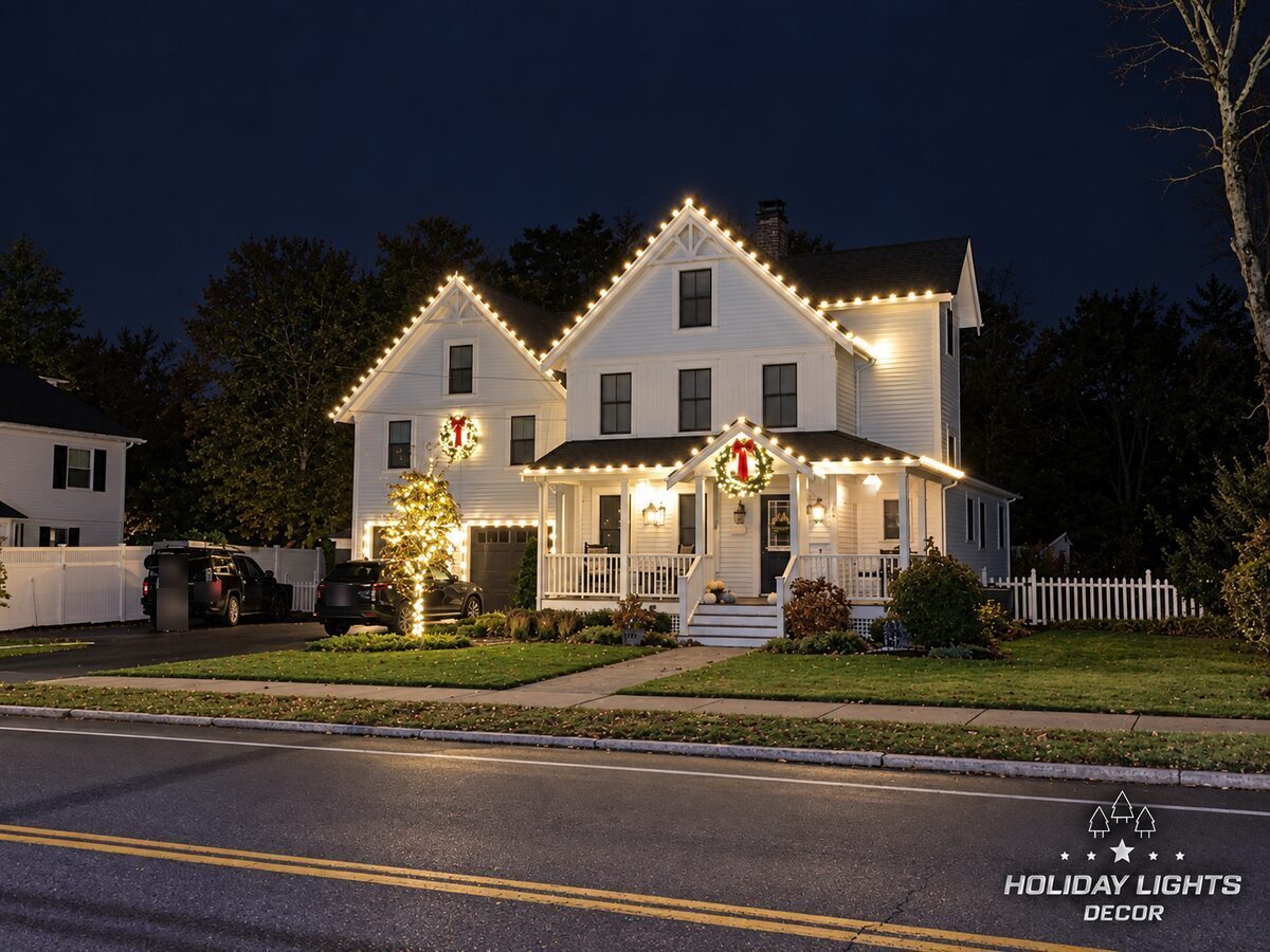 Wide nighttime view showing warm white C9 lighting across the front gables, porch roof, and connecting eaves, complemented by two illuminated wreaths and a wrapped ornamental tree.