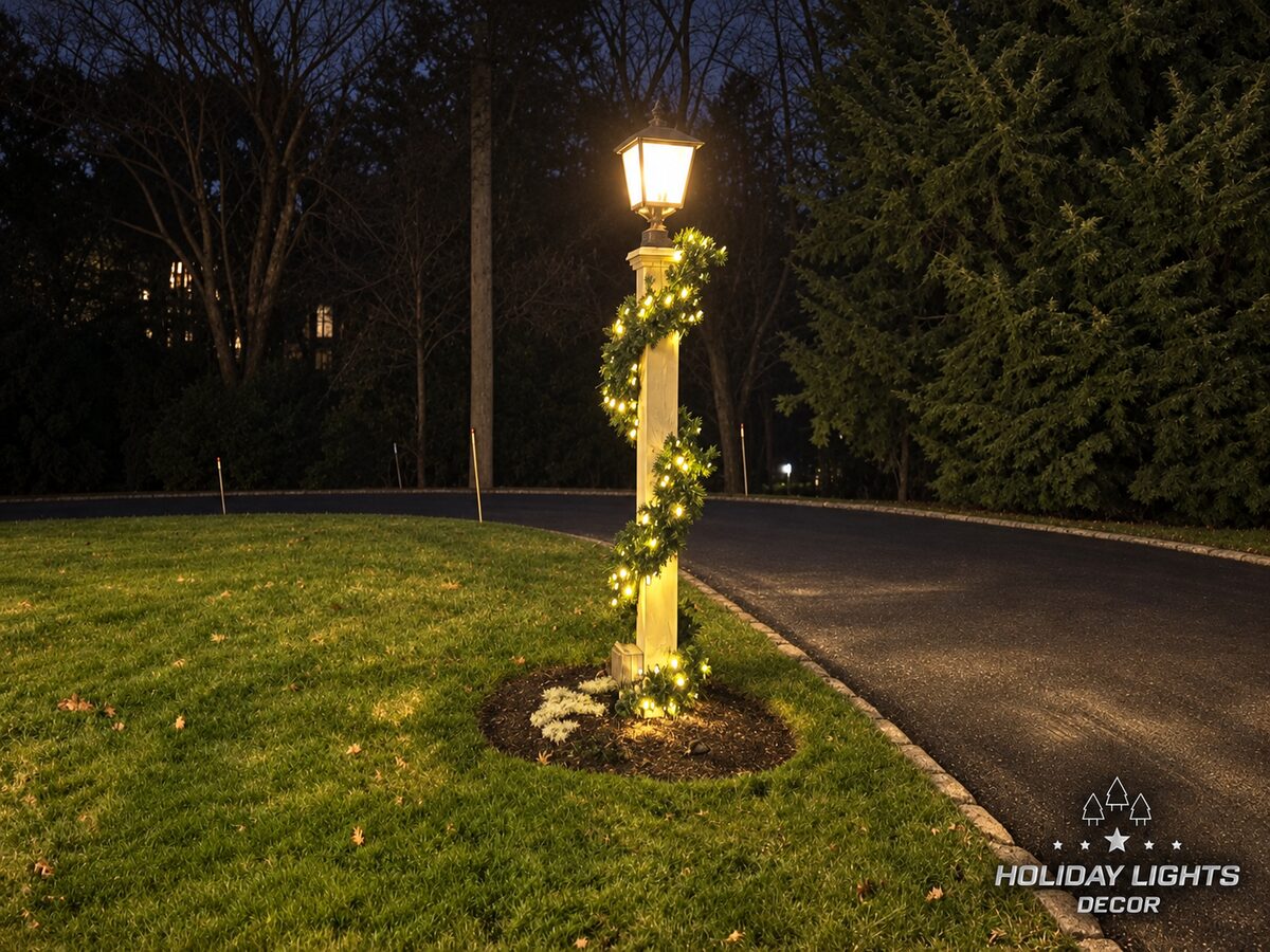 Driveway lamp post spiraled with pre-lit fir garland in warm white mini lights on a Weston, MA estate at night