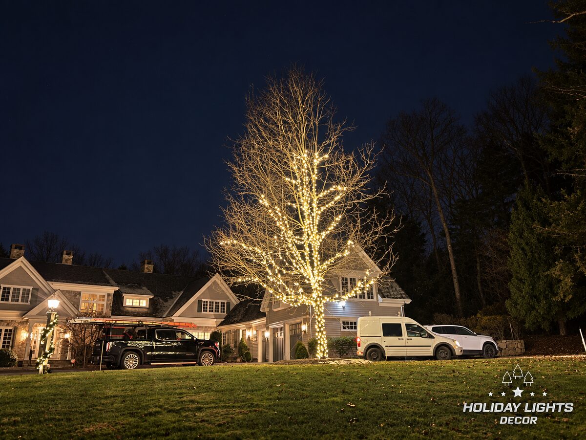 Wide property view showing the branch-wrapped tree, residence, vehicles, lawn, and a decorated lamp post.