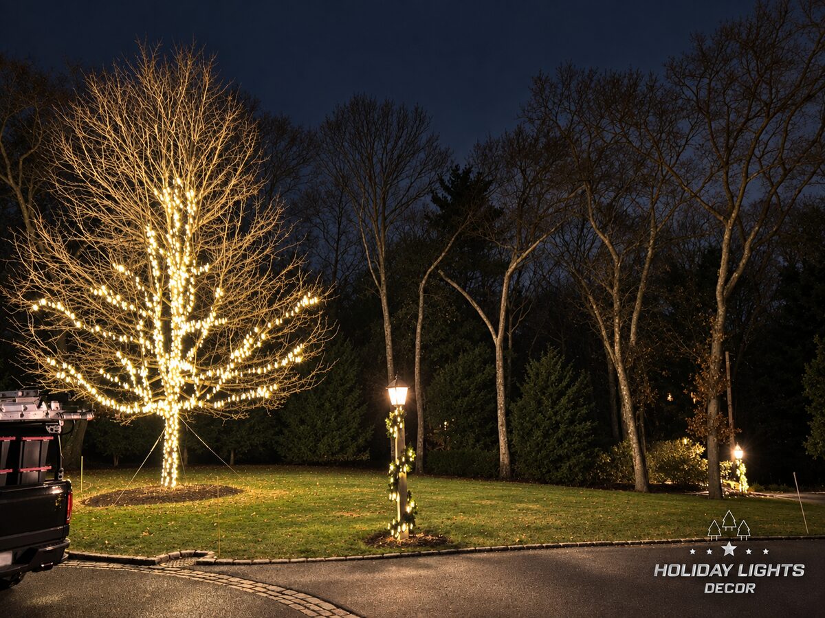 Wide night view of a wrapped lawn tree and a garland lamp post along the curving driveway of a Weston, MA estate