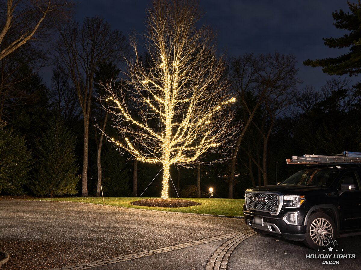 Close view of warm white mini lights along the trunk and branches of a large lawn tree on a Weston, MA estate