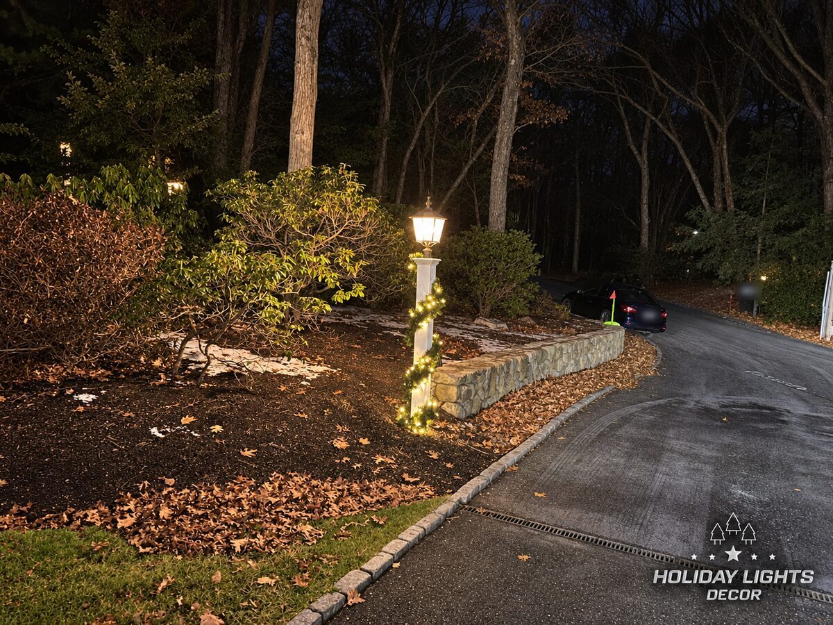Lit fir garland on a lamp post beside the stone wall at the driveway entrance of a Weston, MA estate at night
