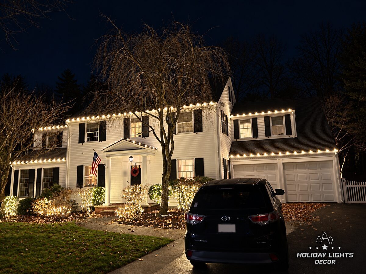 Angled night view of a Wellesley, MA colonial with warm white C9 lights across the house and garage, shrubs lit