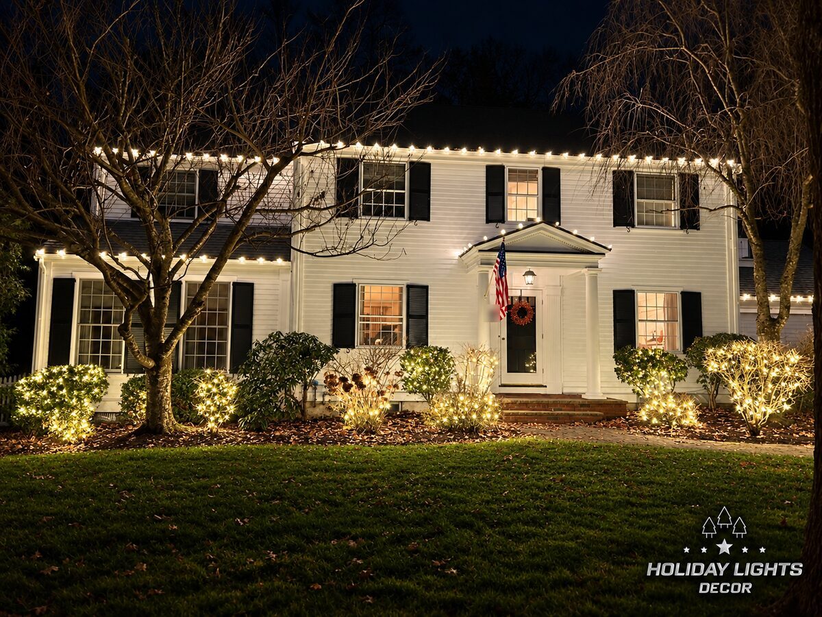 Straight-on nighttime view of a traditional two-story residence with warm white lights along the upper and lower rooflines and mini lights throughout the front shrubs.