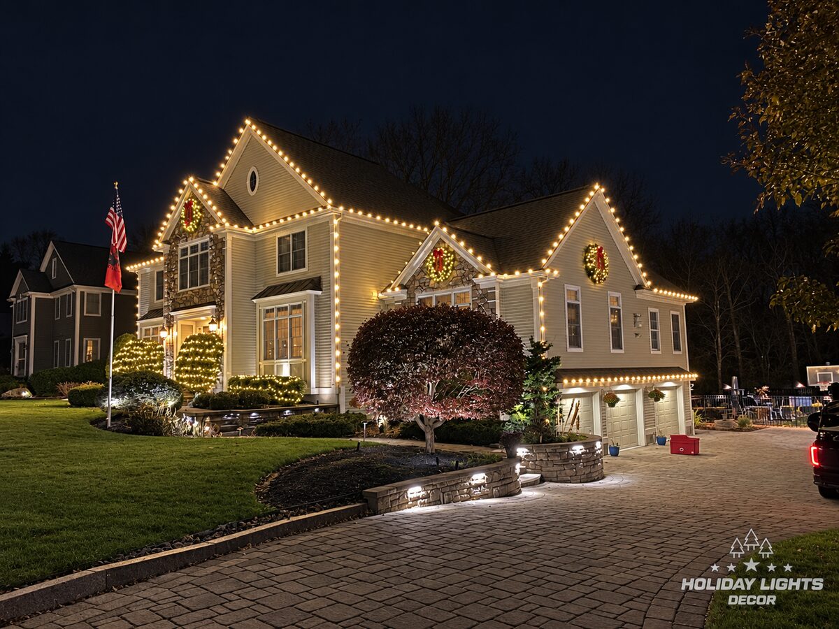 Angled nighttime view of a large home with roofline lights, wreaths, and wrapped shrubs