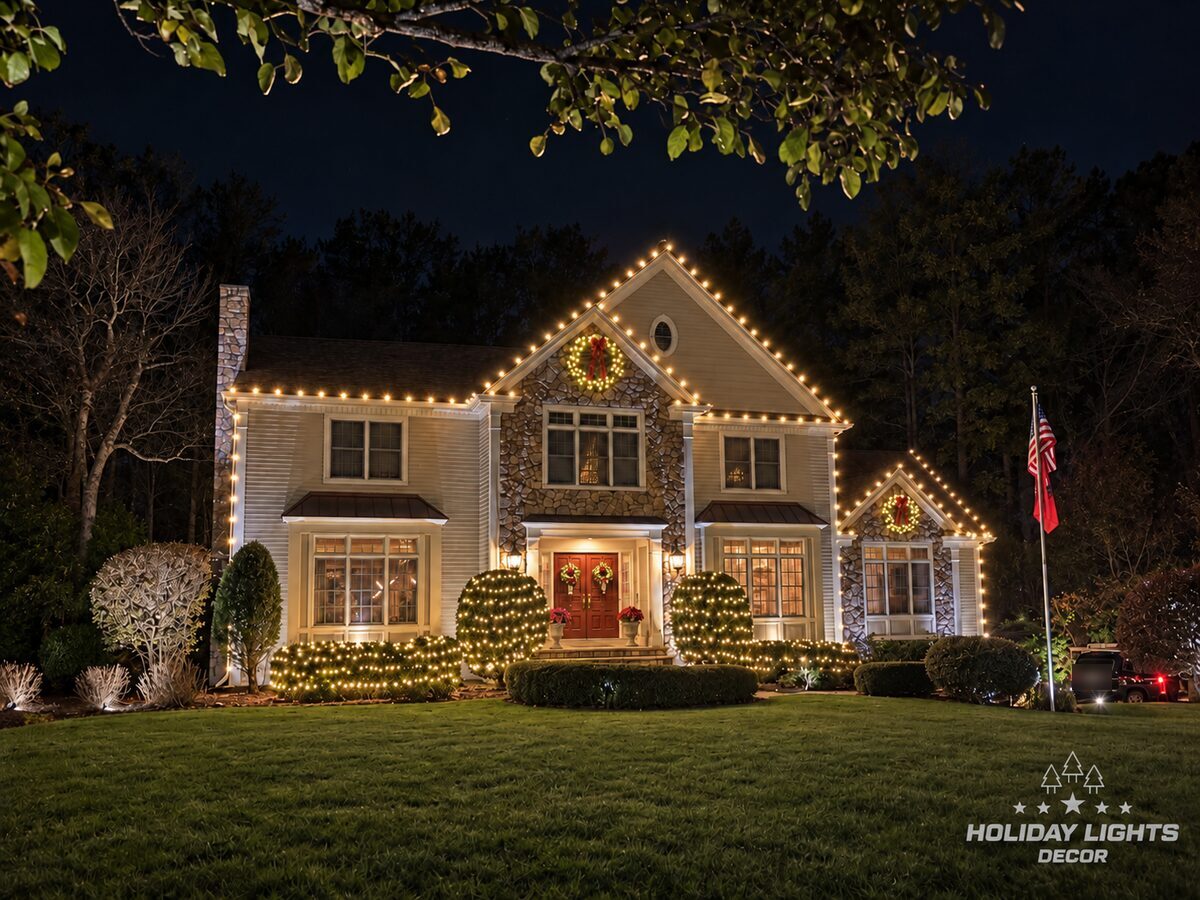 Front nighttime view of lighted gables and warm-white lights across rounded shrubs