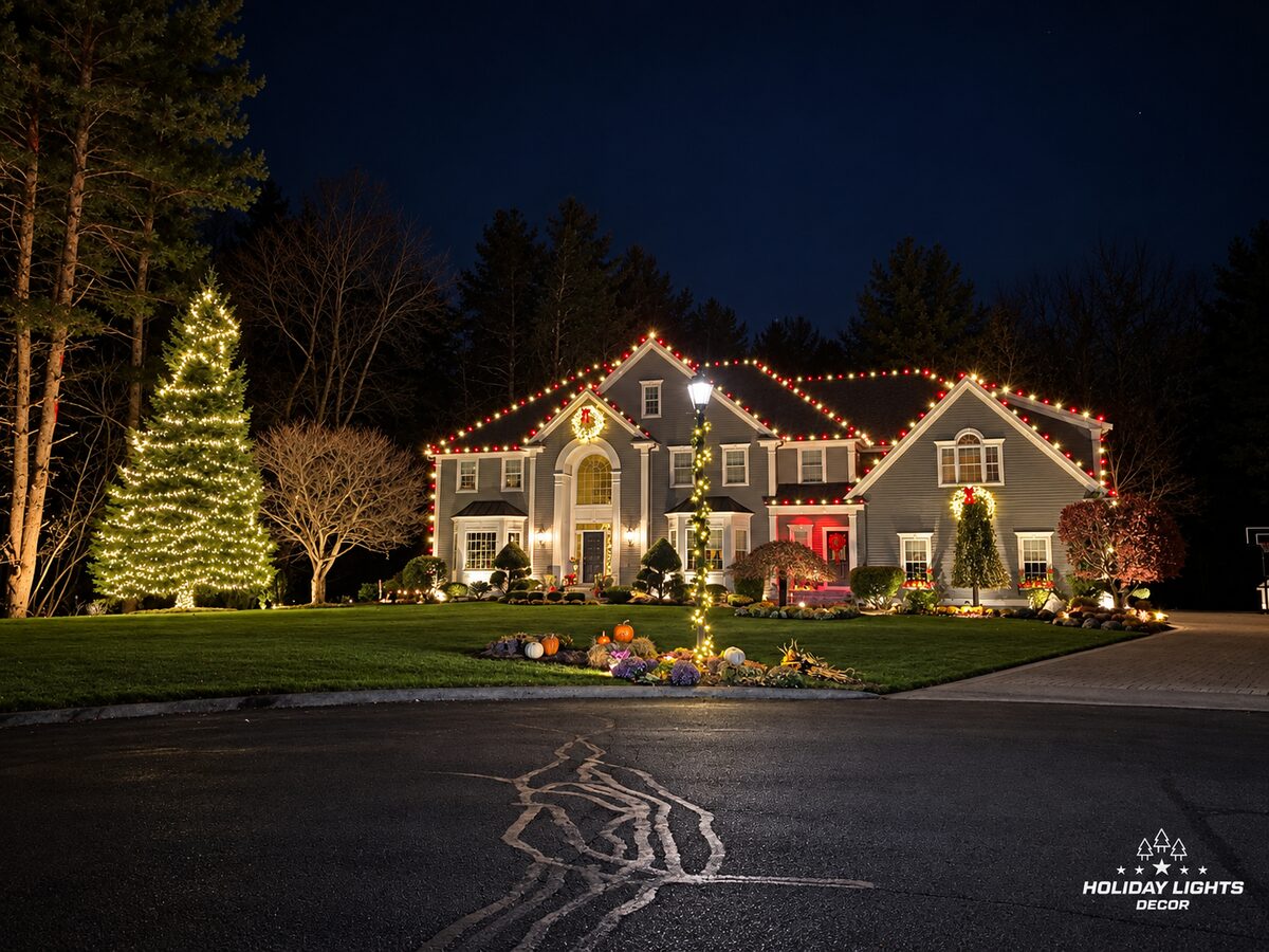 Wide night view of a Middleton, MA estate with red and warm white C9 lights on the rooflines, wreaths, a lit lamp post and a wrapped evergreen