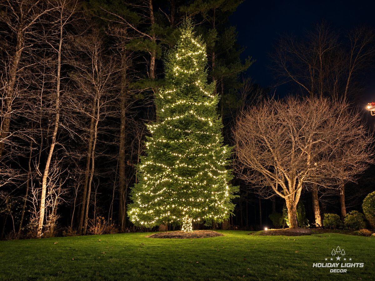 Tall evergreen wrapped in warm white mini lights on the lawn of a Middleton, MA estate at night, bare trees around it