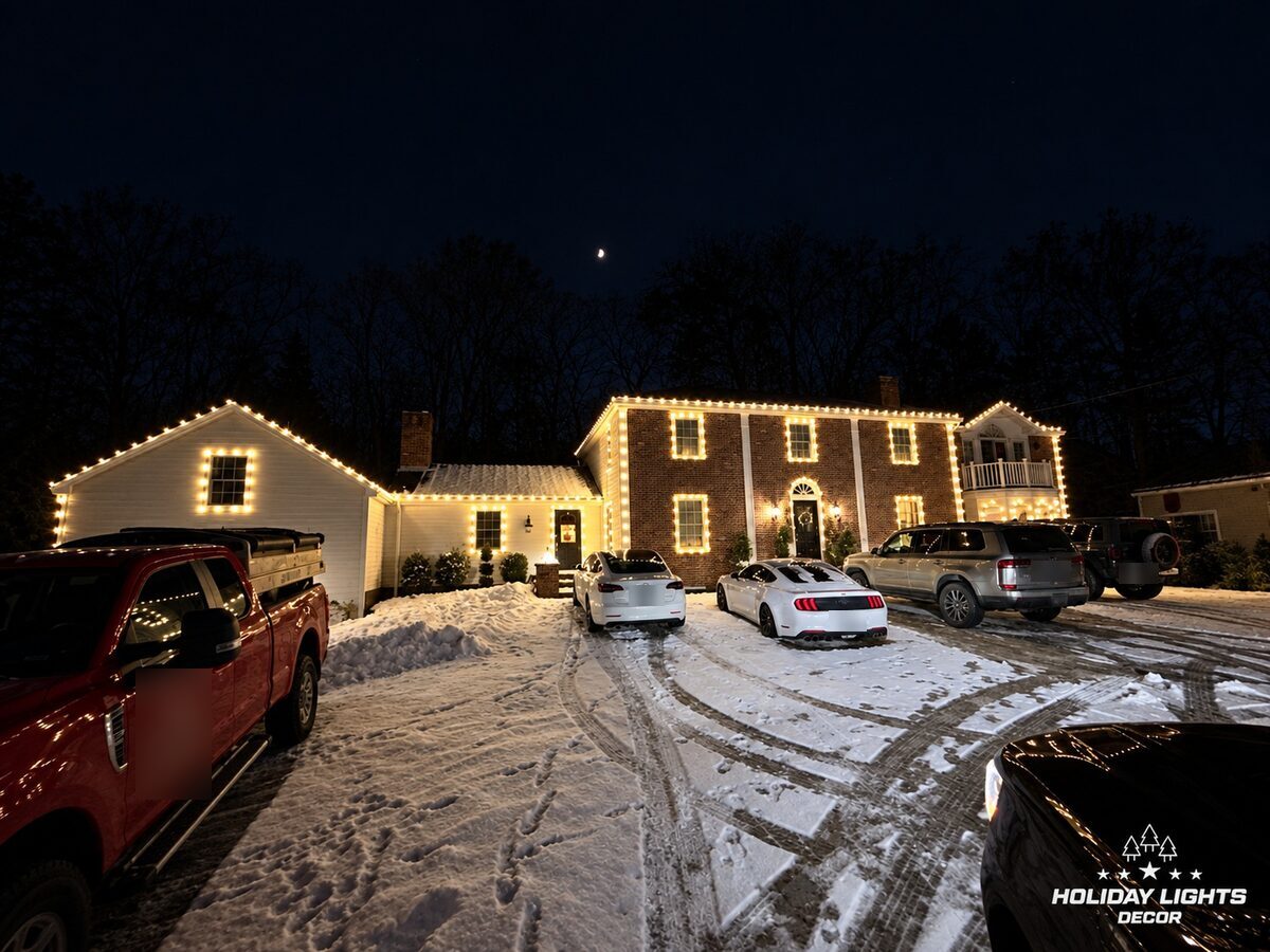 Wide night view of a brick colonial in Lynnfield, MA with warm white lights on the rooflines, window frames and attached wing over a snowy driveway