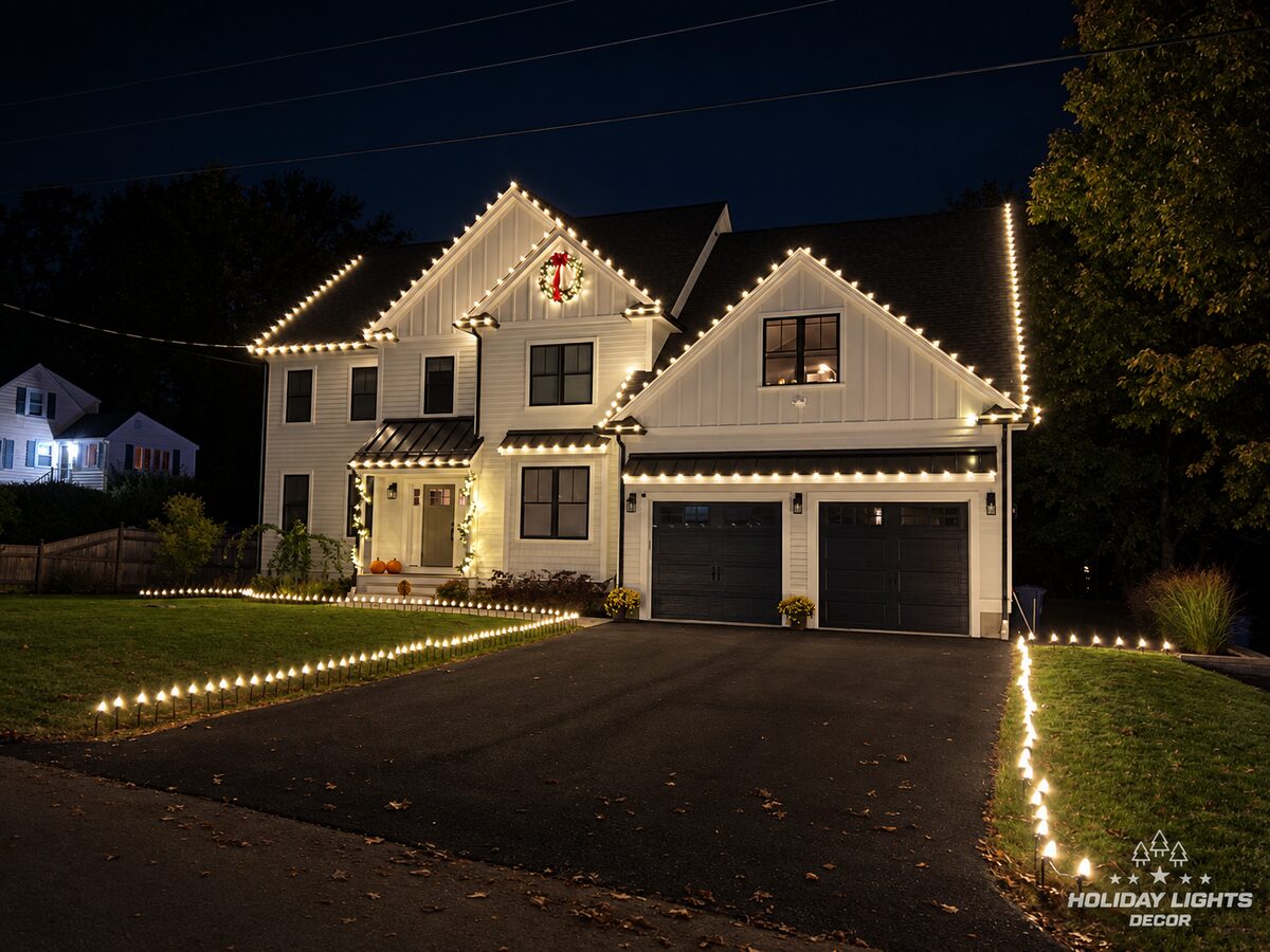 Night view of a modern white farmhouse in Lexington, MA with warm white C9 rooflines, a gable wreath and lit stakes along the driveway and lawn