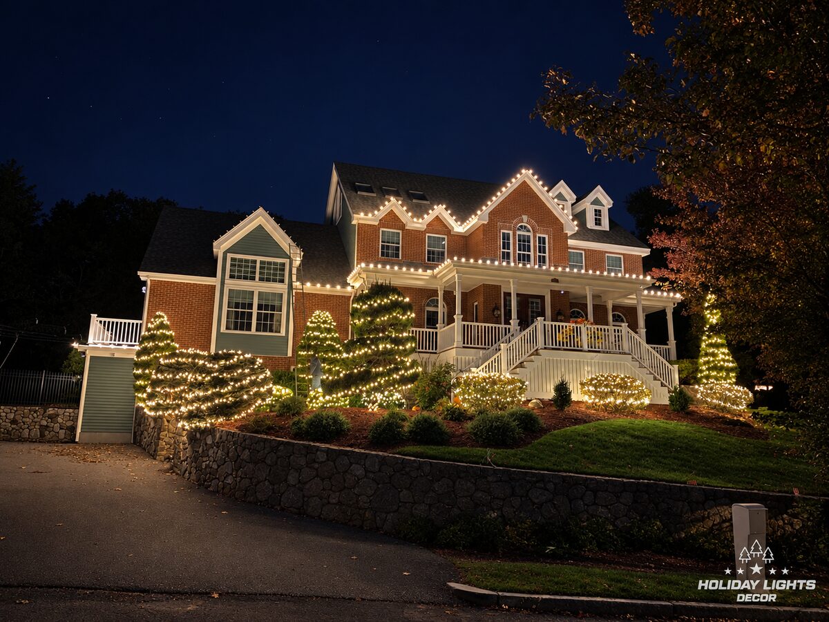 Wide night view of a brick home in Wakefield, MA with warm white C9 rooflines and porch eaves above wrapped shrubs and a stone wall