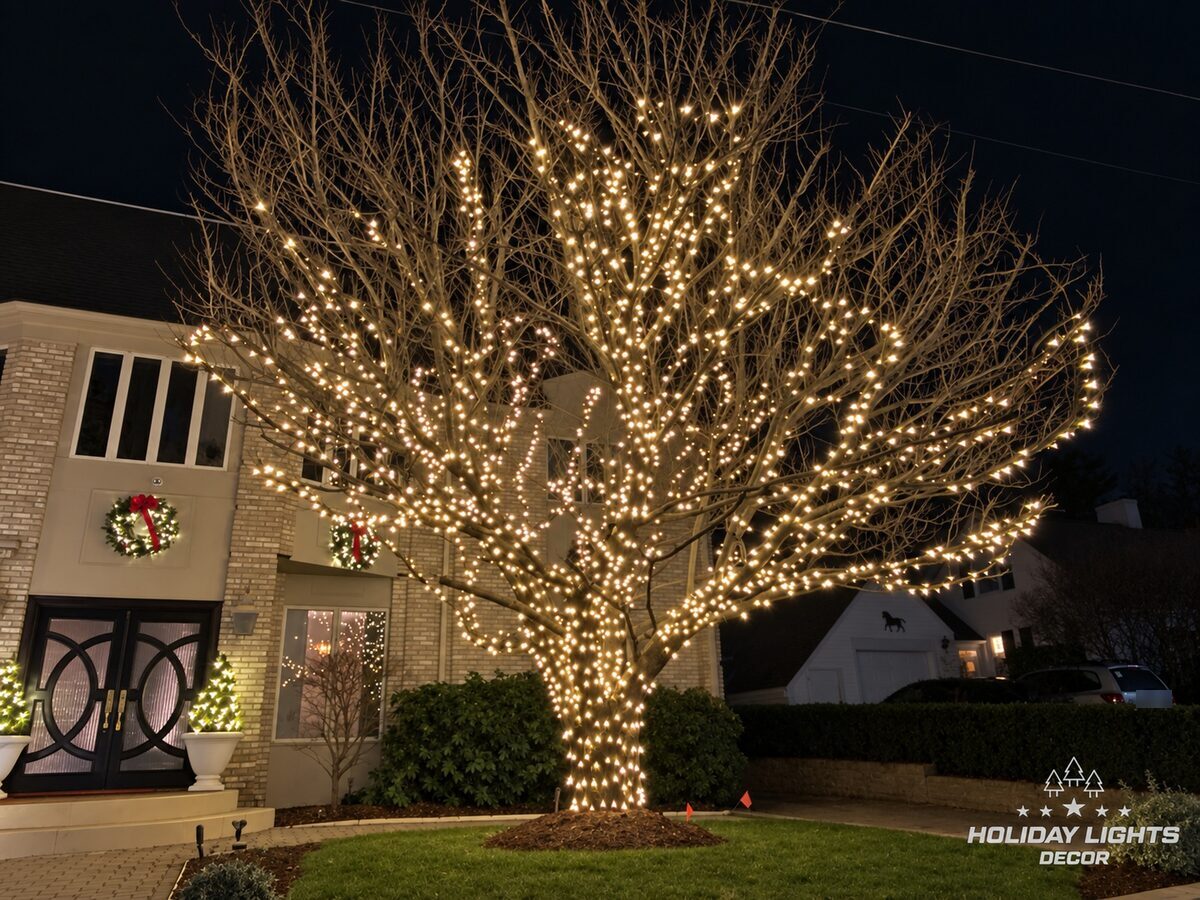 Close view of a large tree with its trunk and branches wrapped in warm white mini lights beside a Waltham, MA home entrance