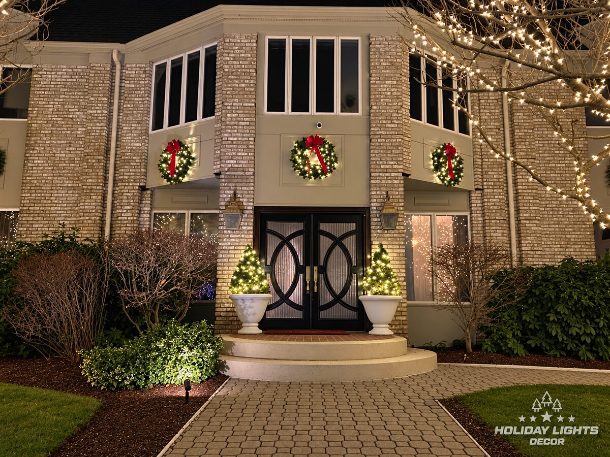Entrance of a Waltham, MA home with three lighted wreaths above the double doors and two lit potted trees on the steps