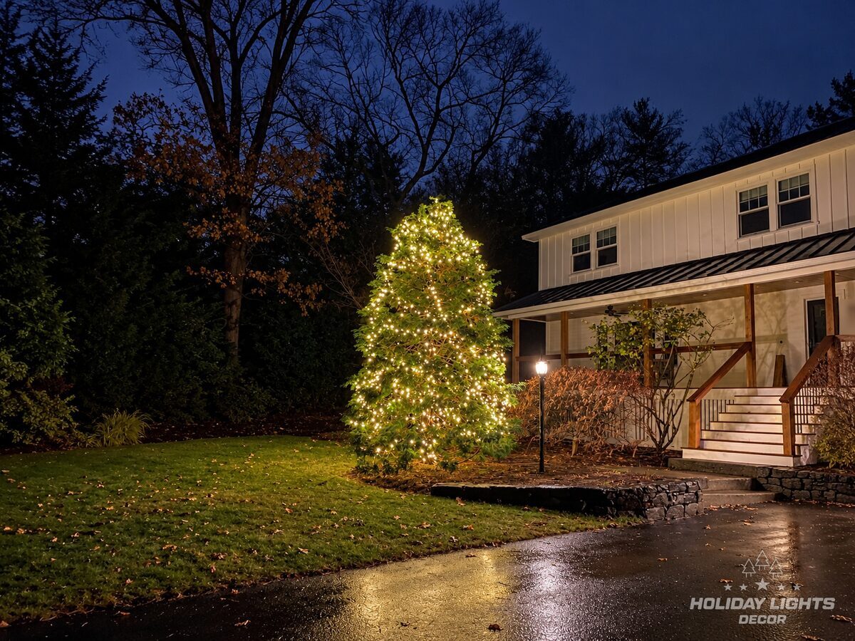 Evergreen beside the front porch of a Burlington, MA home covered in warm white mini lights at dusk, driveway in front